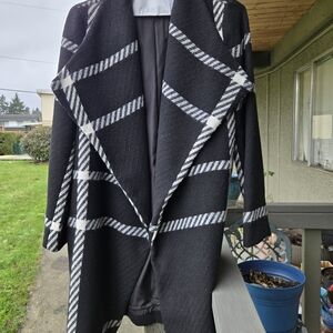 Women's Black and White Plaid Sweater Coat